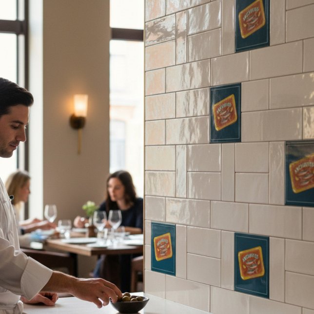 Whimsical Fish Can Anchovies Kitchen Decor  Kakelplatta (Skapare uppladdad)