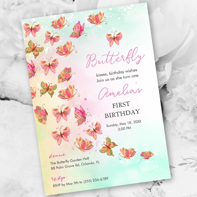 Whimsical Fjäril Babyflicka 1-års Födelsedagsinbju Inbjudningar (Whimsical Butterfly Baby Girl 1st Birthday Invitation)