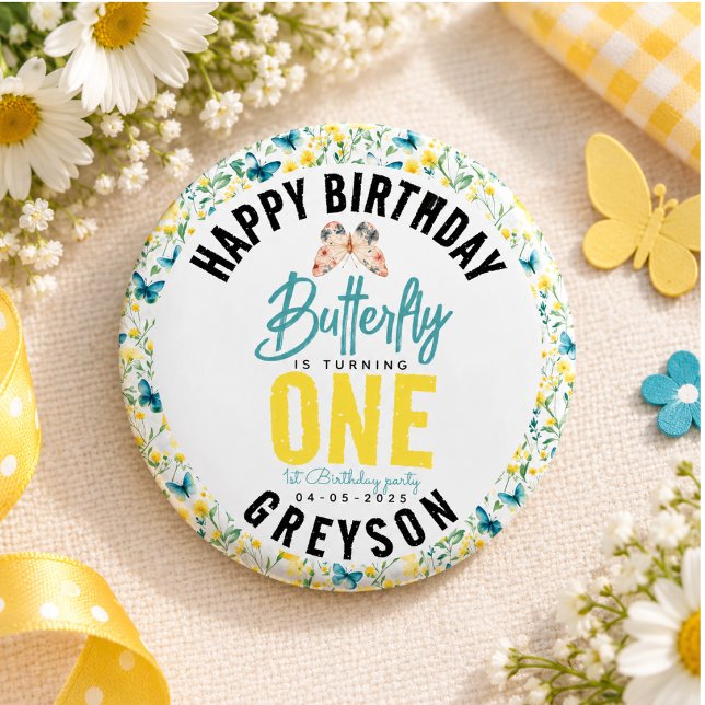 Whimsical Fjäril Blommig 1-årsdag Knapp (Whimsical Butterfly Floral 1st Birthday Button)