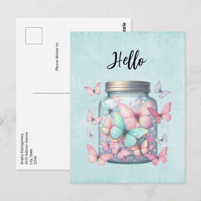 Whimsical Fjäril i en burk Hej Vykort (Fram/baksida)