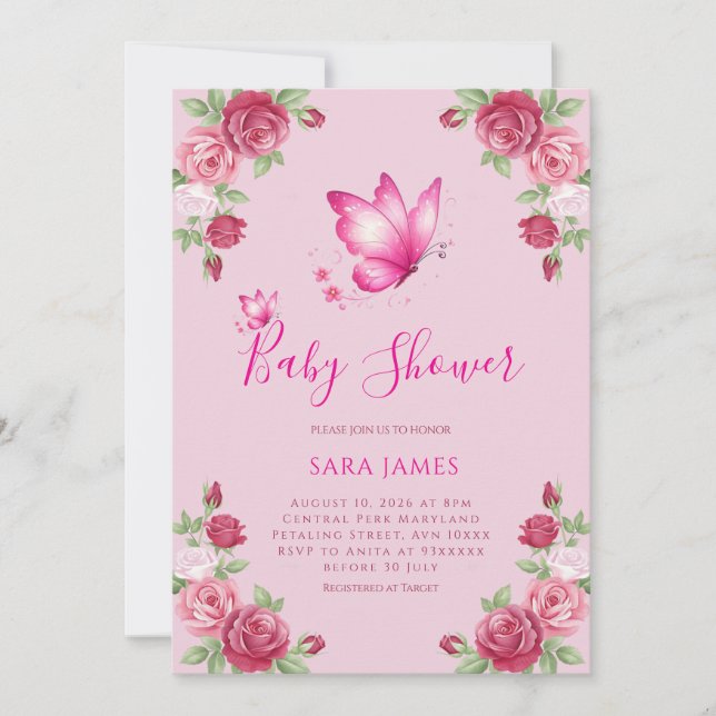 Whimsical fjäril & ros baby shower inbjudan (Framsida)