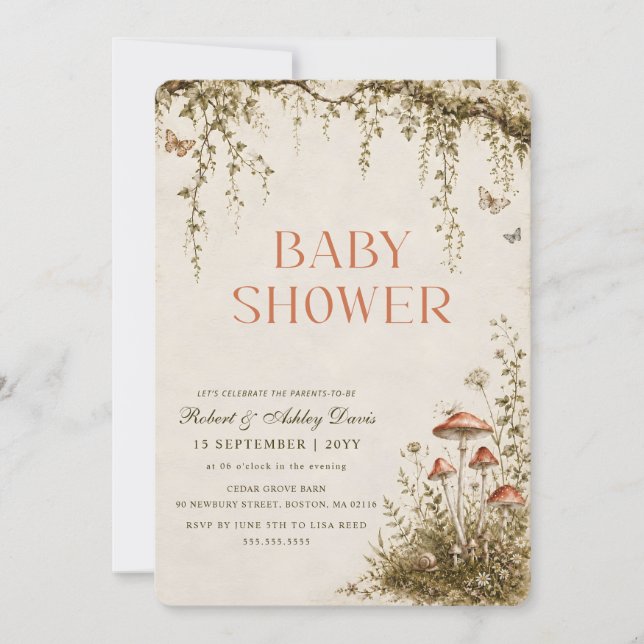 Whimsical fjärilssvamp trädgård baby shower inbjudningar (Framsida)