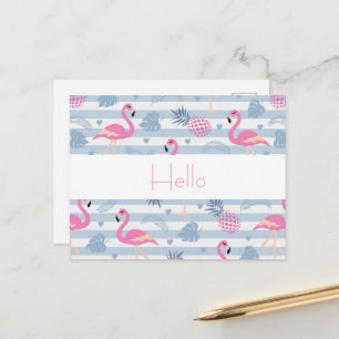 Whimsical Flamingo & Pineapple Mönster Hej Vykort