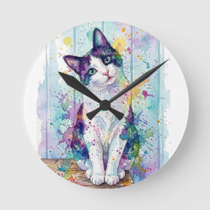 Whimsical Flerfärgad Akvarell Smoking Kattunge Pos Rund Klocka