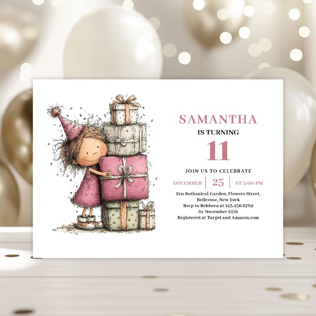 Whimsical Flicka 11-års Födelsedagsinbjudan Utskri Inbjudningar (Whimsical Girl 11th Birthday Invite Printable)