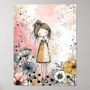Whimsical flicka akvarell med blomaccent (1) poster