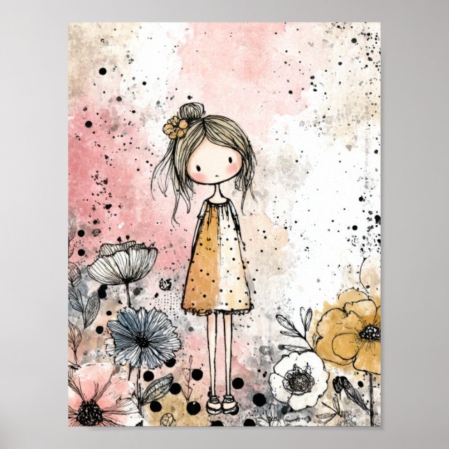 Whimsical flicka akvarell med blomaccent (1) poster (Framsidan)