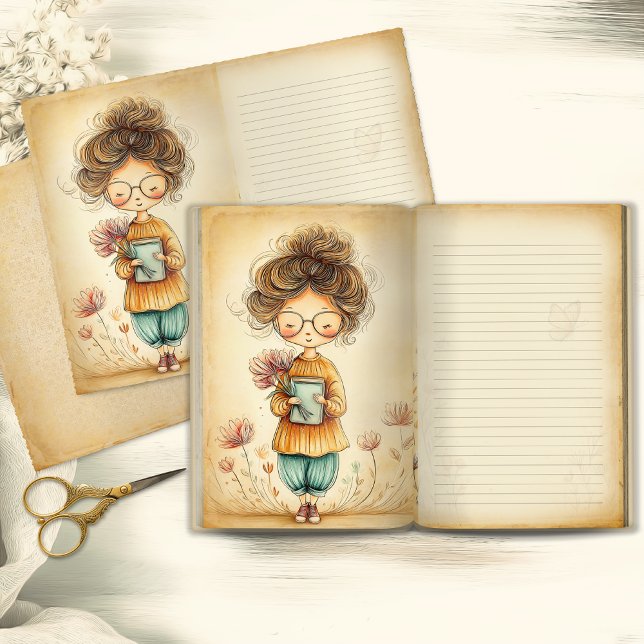 Whimsical flicka med blommor skrotjournal sida (Skapare uppladdad)
