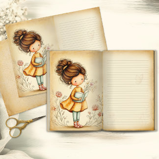 Whimsical flicka med bok skrotjournal sida