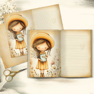 Whimsical Flicka med Hatt Vintage Junk Journal Sid
