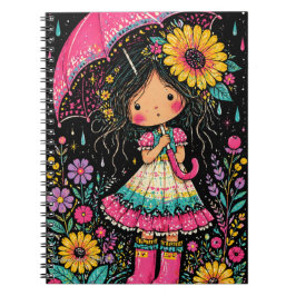 Whimsical flicka med paraply Blommig nattkonst Anteckningsbok