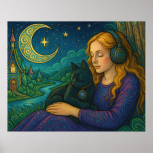 Whimsical flicka med svart katt under halvmåne poster