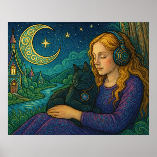 Whimsical flicka med svart katt under halvmåne poster (Framsidan)
