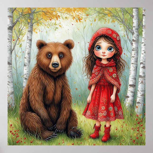 🌲 Whimsical Flicka Och Björn Skog För Barnrum 🌲 Poster (Framsidan)