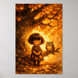 Whimsical Flicka och Uggla - Ekträd Höst Fall Olja Poster
