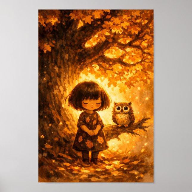 Whimsical Flicka och Uggla - Ekträd Höst Fall Olja Poster (Framsidan)