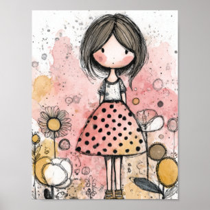 Whimsical flicka vattenfärg med blomaccent (2) poster