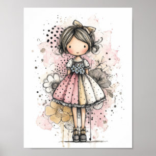 Whimsical flicka vattenfärg med blomaccent (3) poster