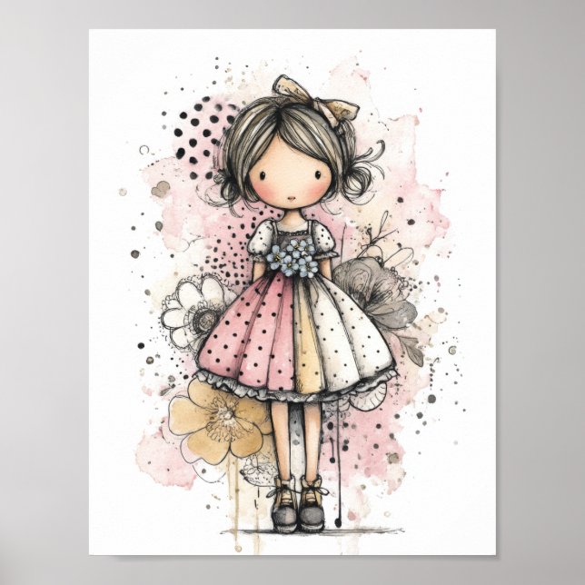 Whimsical flicka vattenfärg med blomaccent (3) poster (Framsidan)