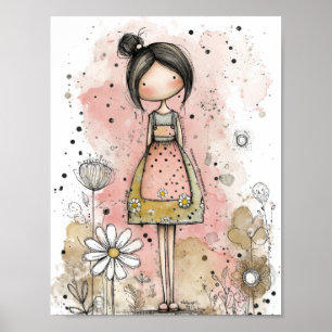 Whimsical flicka vattenfärg med blomaccent (4) poster