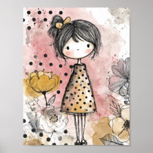 Whimsical Flicka Vattenfärg med Blommiga Accenter  Poster