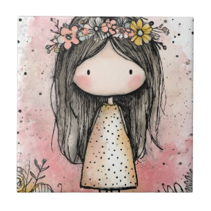 Whimsical Flickig Flicka Vattenfärg med Blommiga A Kakelplatta