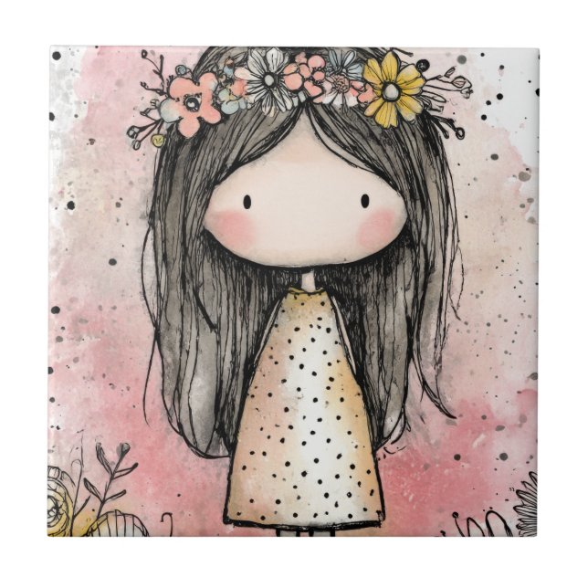 Whimsical Flickig Flicka Vattenfärg med Blommiga A Kakelplatta (Framsidan)