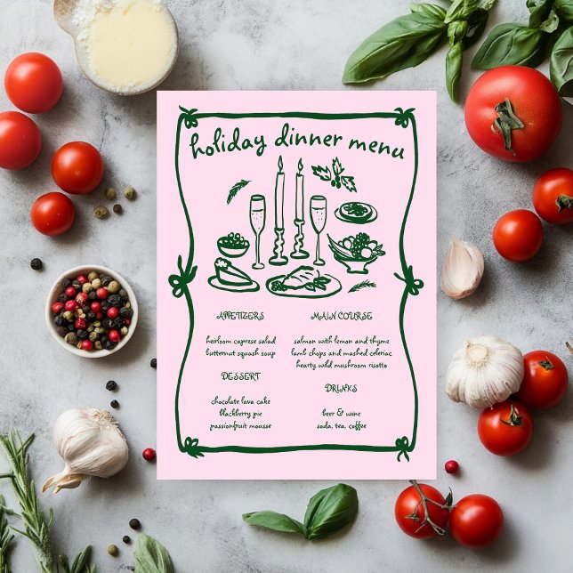 Whimsical flickig julfirande middagspartaj meny (Whimsical Girly Christmas Holiday Dinner Party Menu Pink Green
)