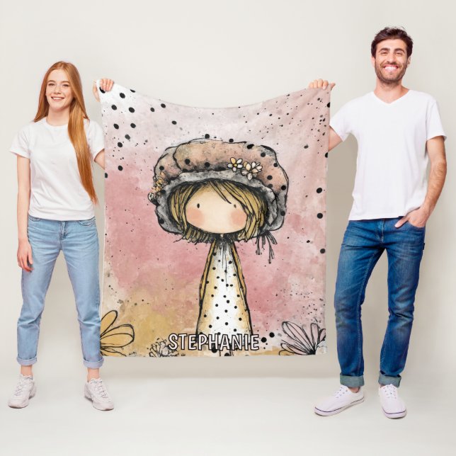 Whimsical Flickor Vattenfärg med Blommiga Accenter Fleecefilt (På plats)