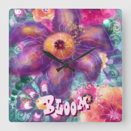 Whimsical Floral Abstract Art Teal Personalized  Fyrkantig Klocka