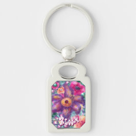 Whimsical Floral Abstract Art Teal Personalized  Rektangulärt Silverfärgad Nyckelring