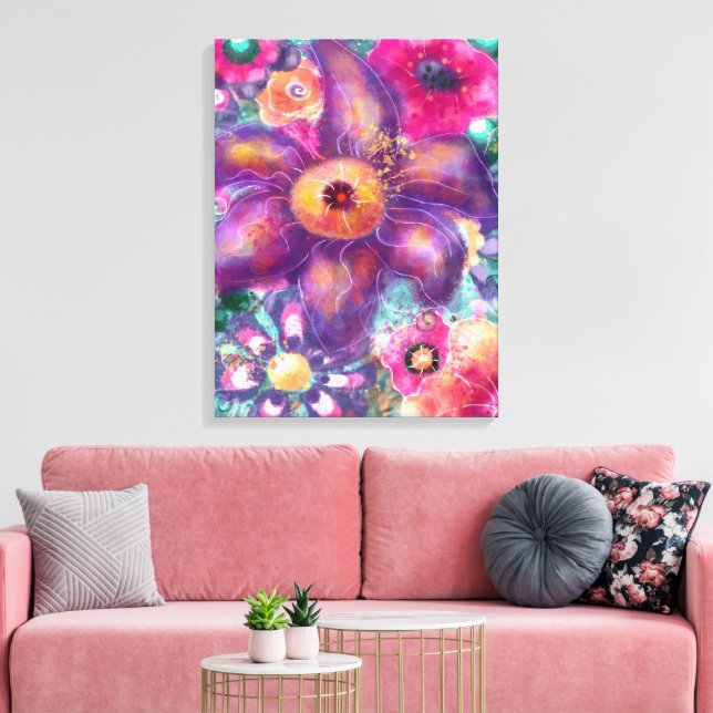 Whimsical Floral Abstract Art Teal Purple Pink Canvastryck (Insitu (Vardagsrum))