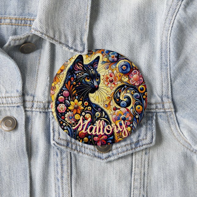 Whimsical Floral Black Cat Kitty Personalized Knapp (In Situ)