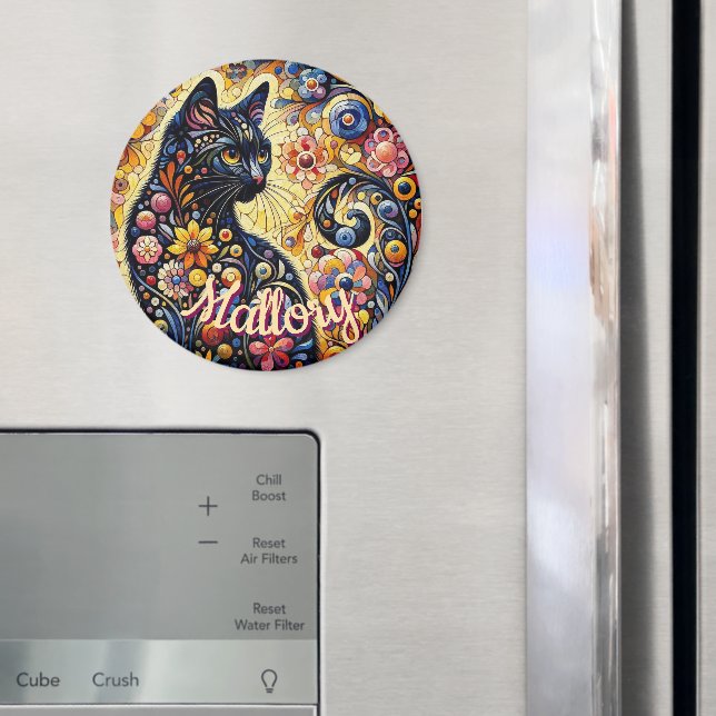 Whimsical Floral Black Cat Kitty Personalized Magnet (In Situ (Fridge))