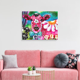 Whimsical Floral Cow Pink Teal Black Personalized Canvastryck