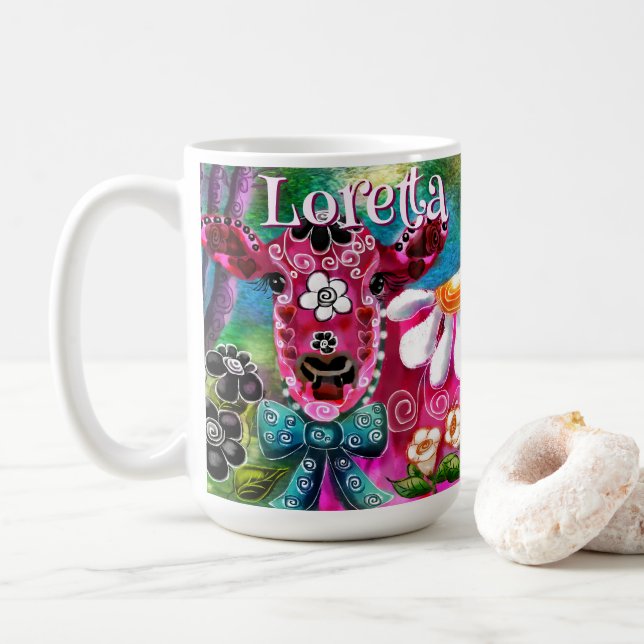 Whimsical Floral Cow Pink Teal Black Personalized Kaffemugg (Med munk)