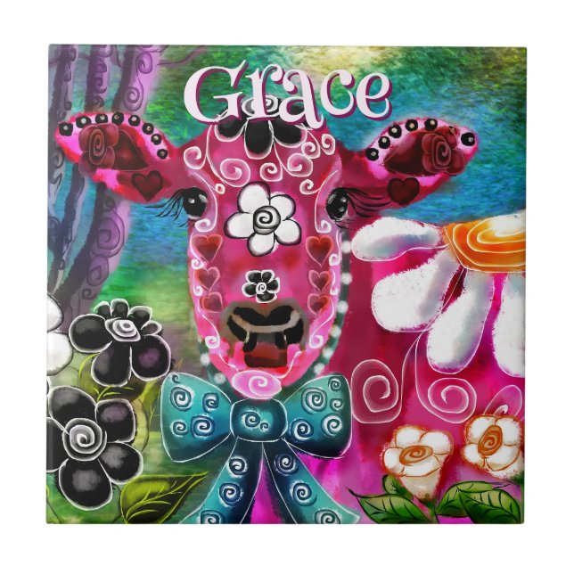 Whimsical Floral Cow Pink Teal Black Personalized Kakelplatta (Framsidan)