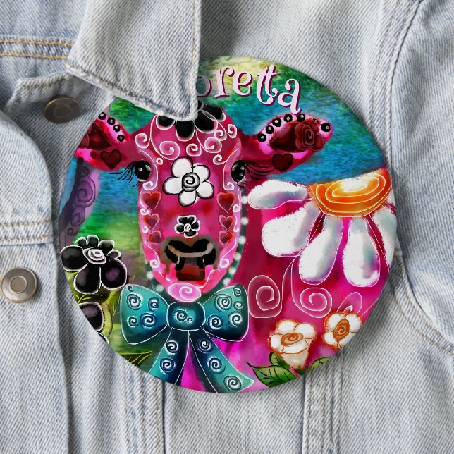Whimsical Floral Cow Pink Teal Black Personalized Knapp (In Situ)
