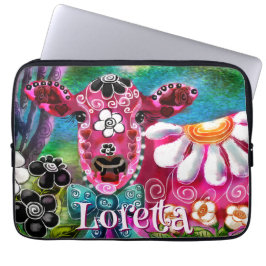 Whimsical Floral Cow Pink Teal Black Personalized Laptop Fodral