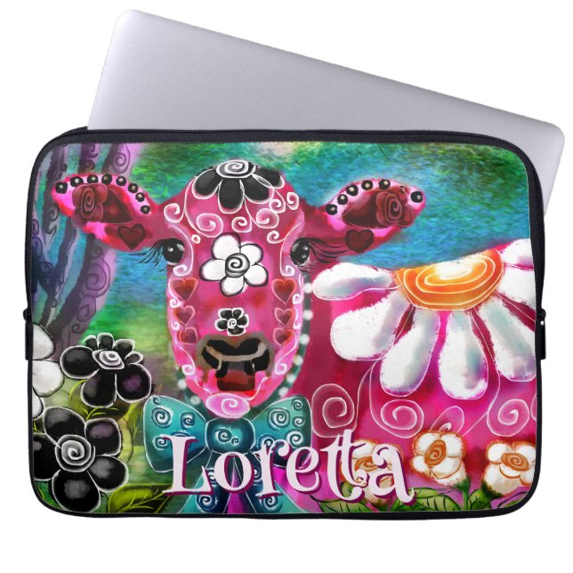 Whimsical Floral Cow Pink Teal Black Personalized Laptop Fodral (Framsidan)
