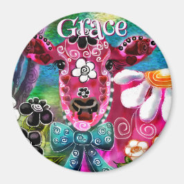 Whimsical Floral Cow Pink Teal Black Personalized Magnet