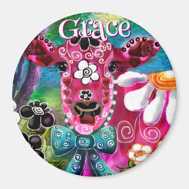 Whimsical Floral Cow Pink Teal Black Personalized Magnet (Framsidan)