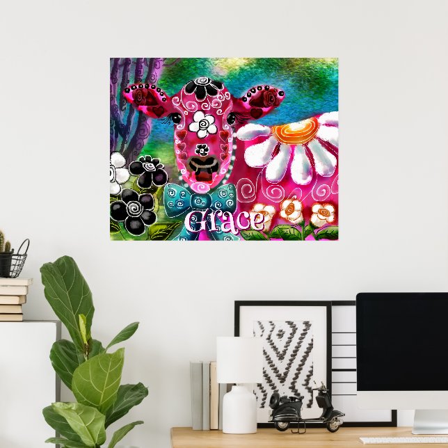 Whimsical Floral Cow Pink Teal Black Personalized Poster (Hemmakontoret)