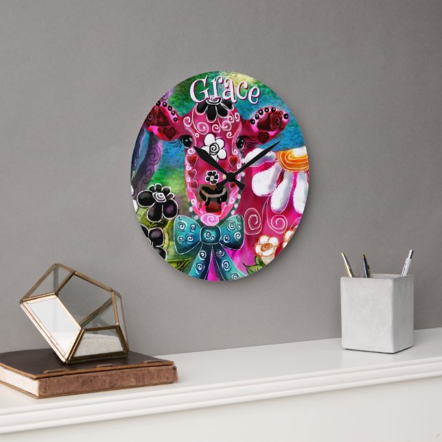 Whimsical Floral Cow Pink Teal Black Personalized Stor Klocka (Kontor)