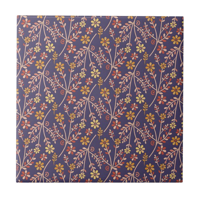 Whimsical Floral Design with Vines on Purple Back Kakelplatta (Framsidan)