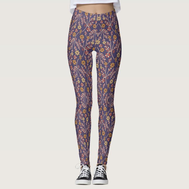 Whimsical Floral Design with Vines on Purple Back Leggings (Framsida)