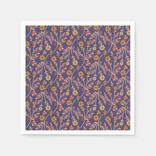 Whimsical Floral Design with Vines on Purple Back Pappersservett (Framsidan)
