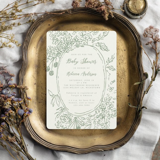 Whimsical Floral Doodle Sage Green Baby Shower Inbjudningar (Skapare uppladdad)