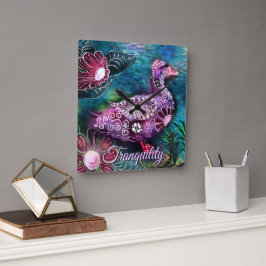 Whimsical Floral Duck Purple Teal Personalized Fyrkantig Klocka
