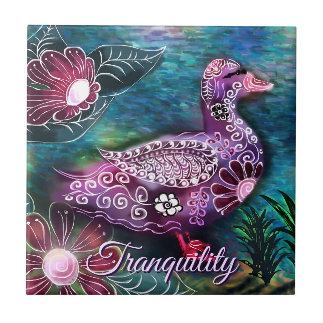 Whimsical Floral Duck Purple Teal Personalized Kakelplatta (Framsidan)